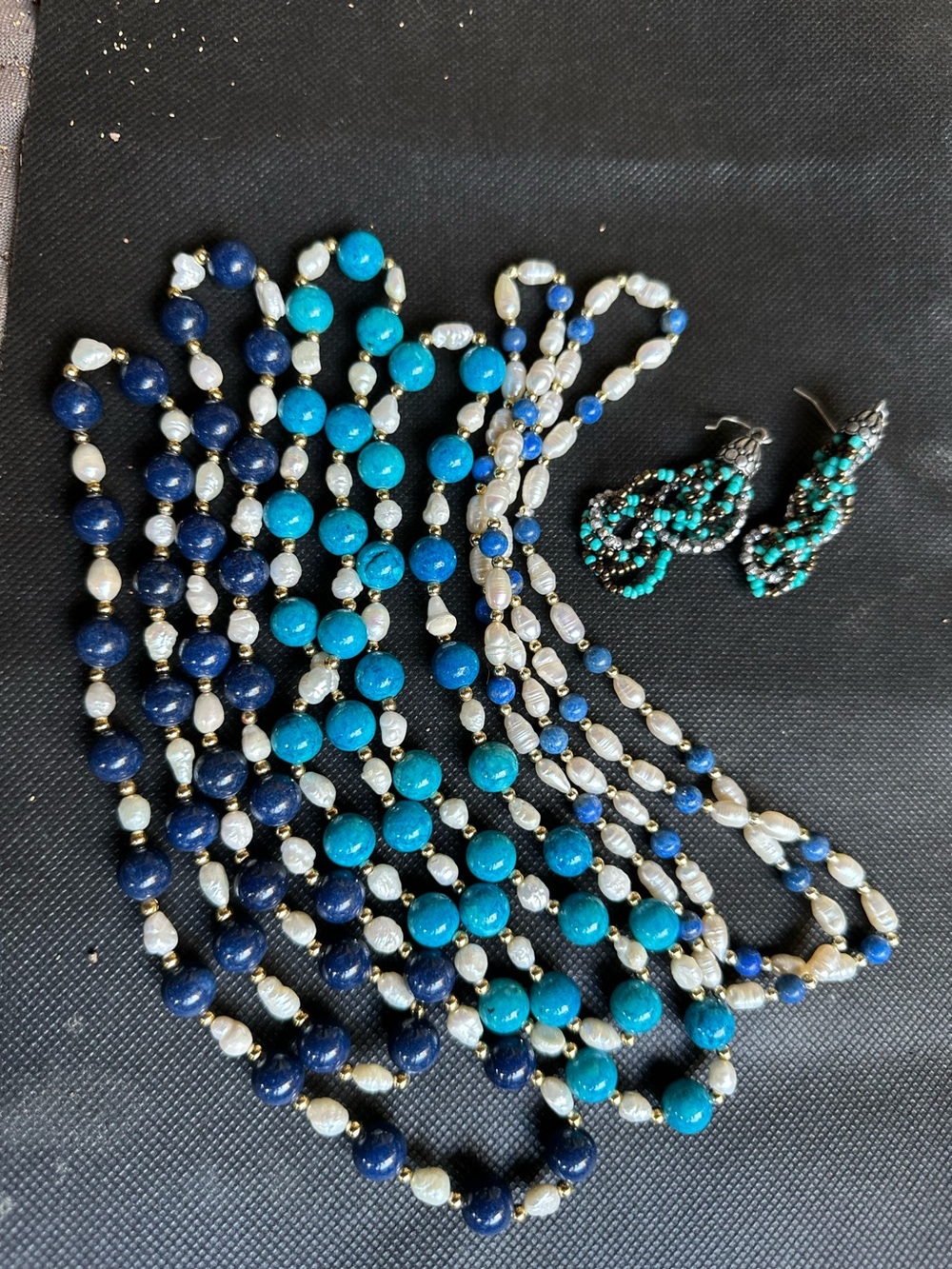 Blue & Turquoise Beaded Women's Necklace Set with freshwater Pearl Accents
